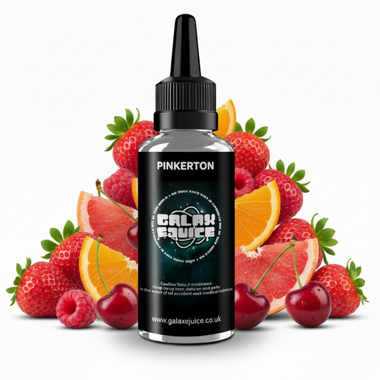 Bottle of Galax-E-Juice Pinkerton Pinkman E-Liquid 100ml Shortfill on a white background