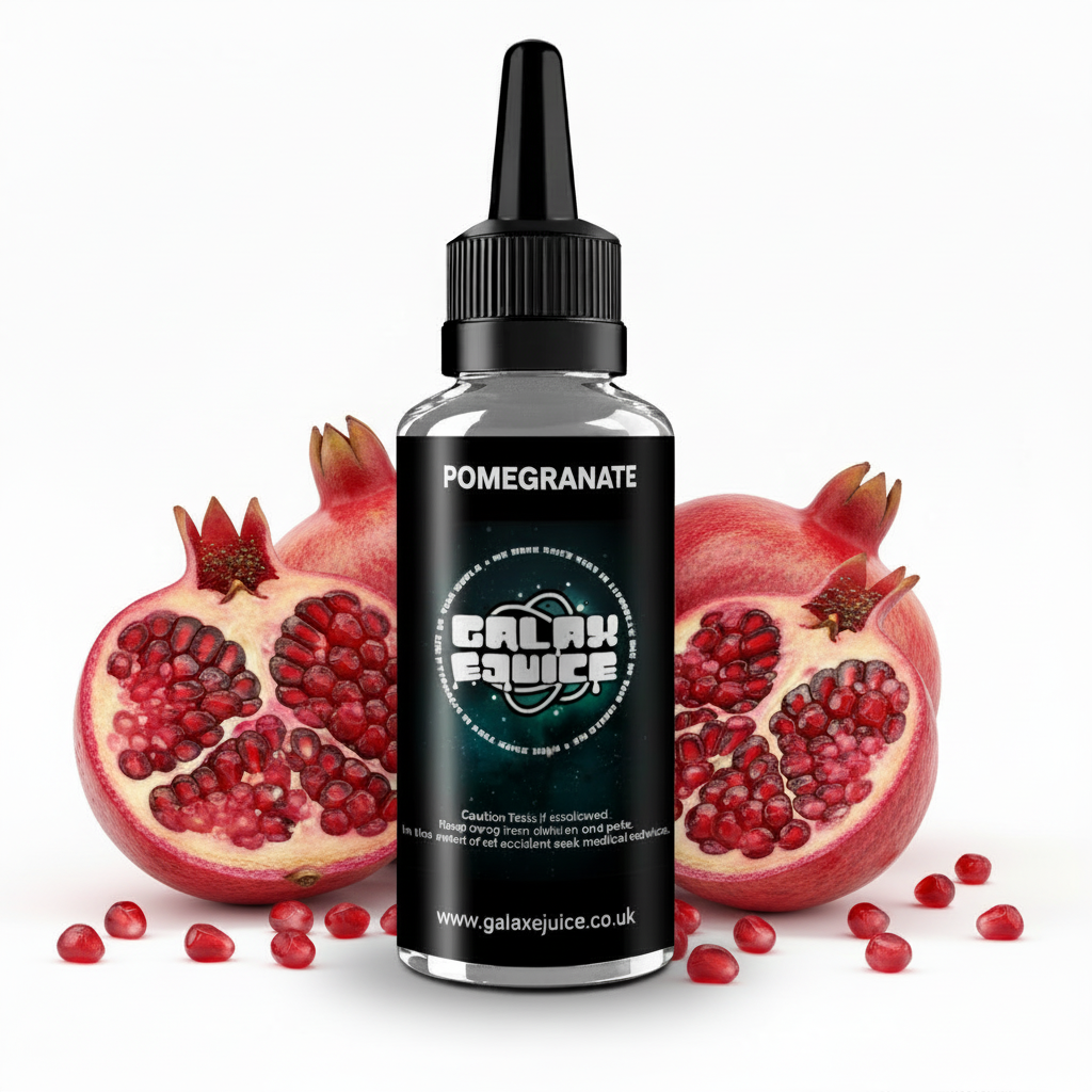 Bottle of Galax-E-Juice Pomegranate E-Liquid 100ml Shortfill with pomegranate on a white background