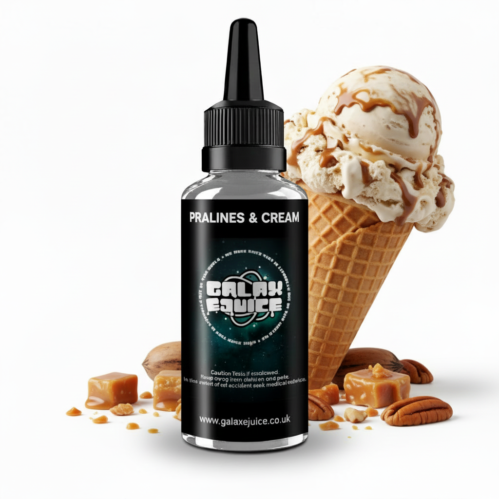 Bottle of Galax-E-Juice Pralines & Cream E-Liquid 100ml Shortfill with pralines and cream on a white background