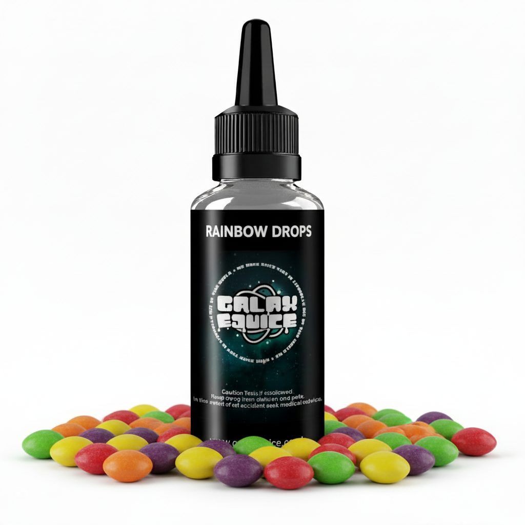 Bottle of Galax-E-Juice Rainbow Drops E-Liquid 100ml Shortfill with rainbow drop sweets on a white background