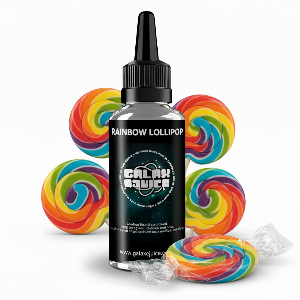 Bottle of Galax-E-Juice Rainbow Lollipop Sweets E-Liquid 100ml Shortfill with rainbow lollipops on a white background
