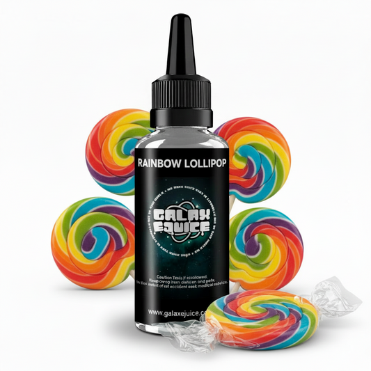 Bottle of Galax-E-Juice Rainbow Lollipop Sweets E-Liquid 100ml Shortfill with rainbow lollipops on a white background