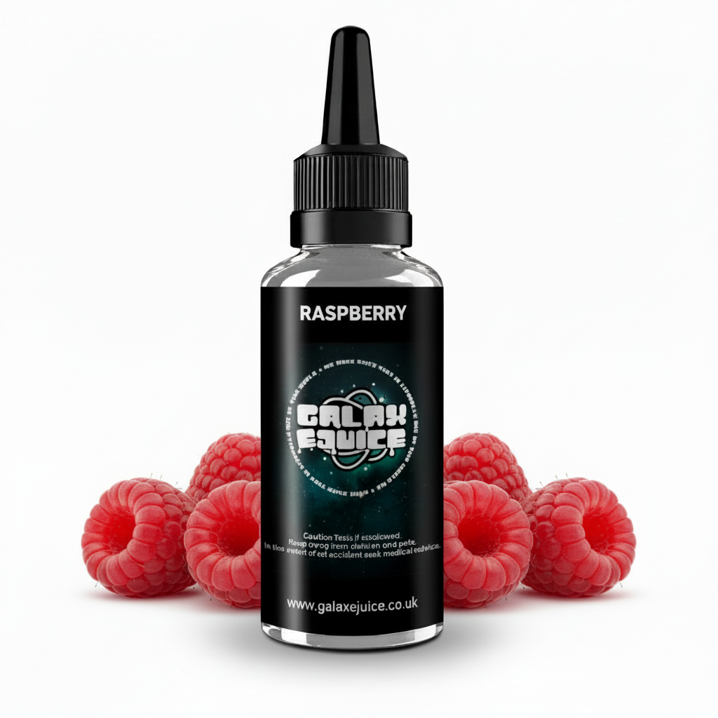 Bottle of Galax-E-Juice Raspberry E-Liquid 100ml Shortfill with fresh raspberries on a white background