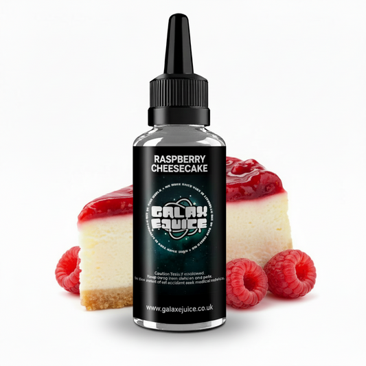 Bottle of Galax-E-Juice Raspberry Cheesecake E-Liquid 100ml Shortfill with raspberry cheesecake on a white background