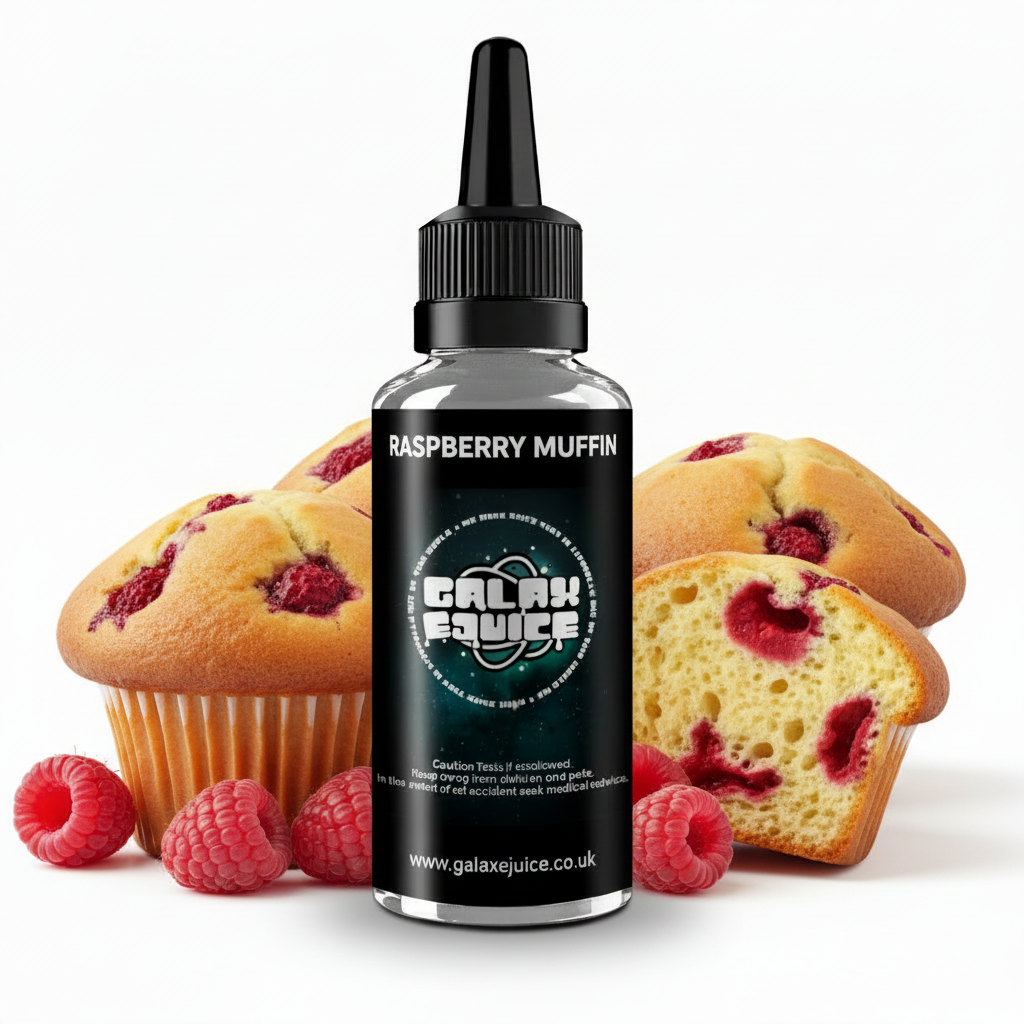 Bottle of Galax-E-Juice Raspberry Muffin E-Liquid 100ml Shortfill with fresh raspberry muffins on a white background