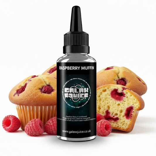 Bottle of Galax-E-Juice Raspberry Muffin E-Liquid 100ml Shortfill with fresh raspberry muffins on a white background