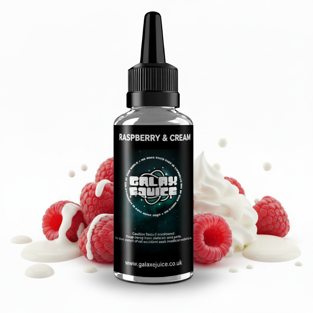 Bottle of Galax-E-Juice Raspberry and Cream E-Liquid 100ml Shortfill with fresh raspberries and cream on a white background