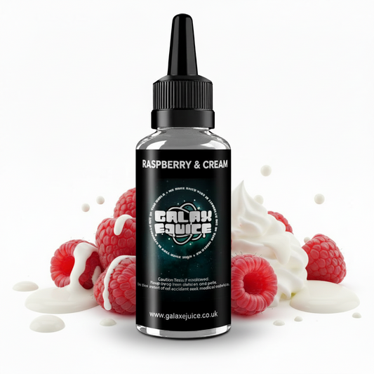 Bottle of Galax-E-Juice Raspberry and Cream E-Liquid 100ml Shortfill with fresh raspberries and cream on a white background
