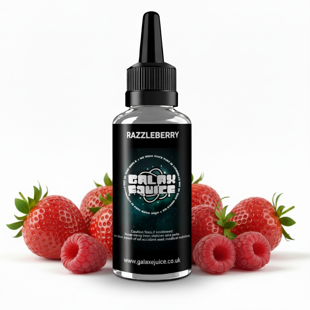 Bottle of Galax-E-Juice Razzleberry E-Liquid 100ml Shortfill with fresh strawberries and raspberries on a white background