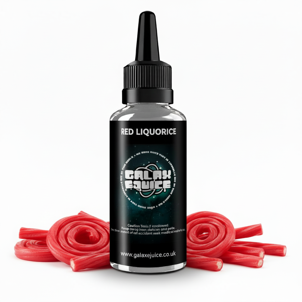 Bottle of Galax-E-Juice Red Licorice E-Liquid 100ml Shortfill with red licorice sweets on a white background