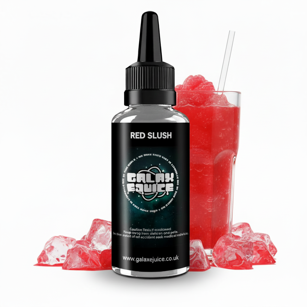 Bottle of Galax-E-Juice Red Slush E-Liquid 100ml Shortfill with a red berry slushie drink on a white background