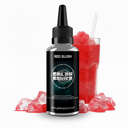 Bottle of Galax-E-Juice Red Slush E-Liquid 100ml Shortfill with a red berry slushie drink on a white background