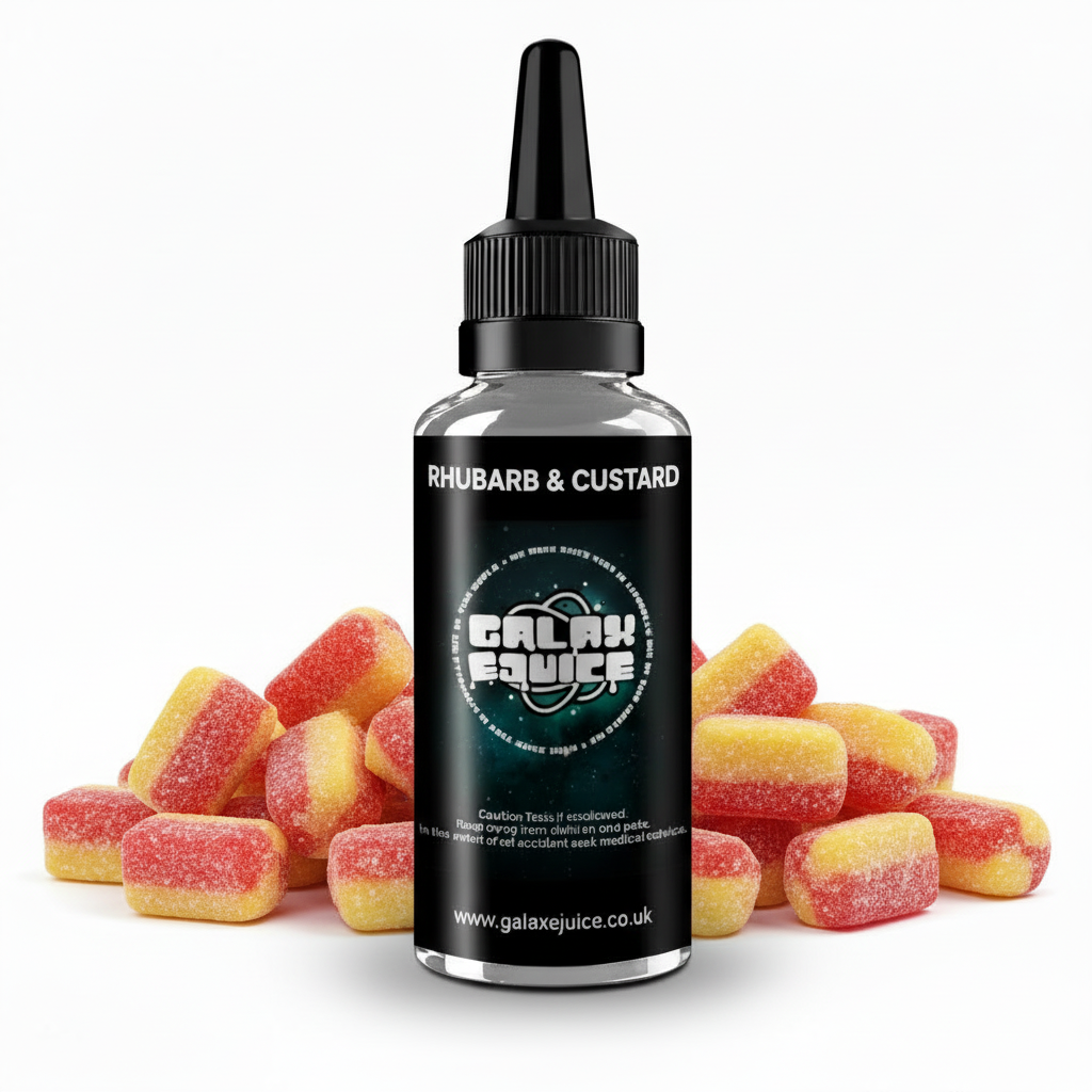 Bottle of Galax-E-Juice Rhubarb & Custard E-Liquid 100ml Shortfill with rhubarb stalks and custard on a white background