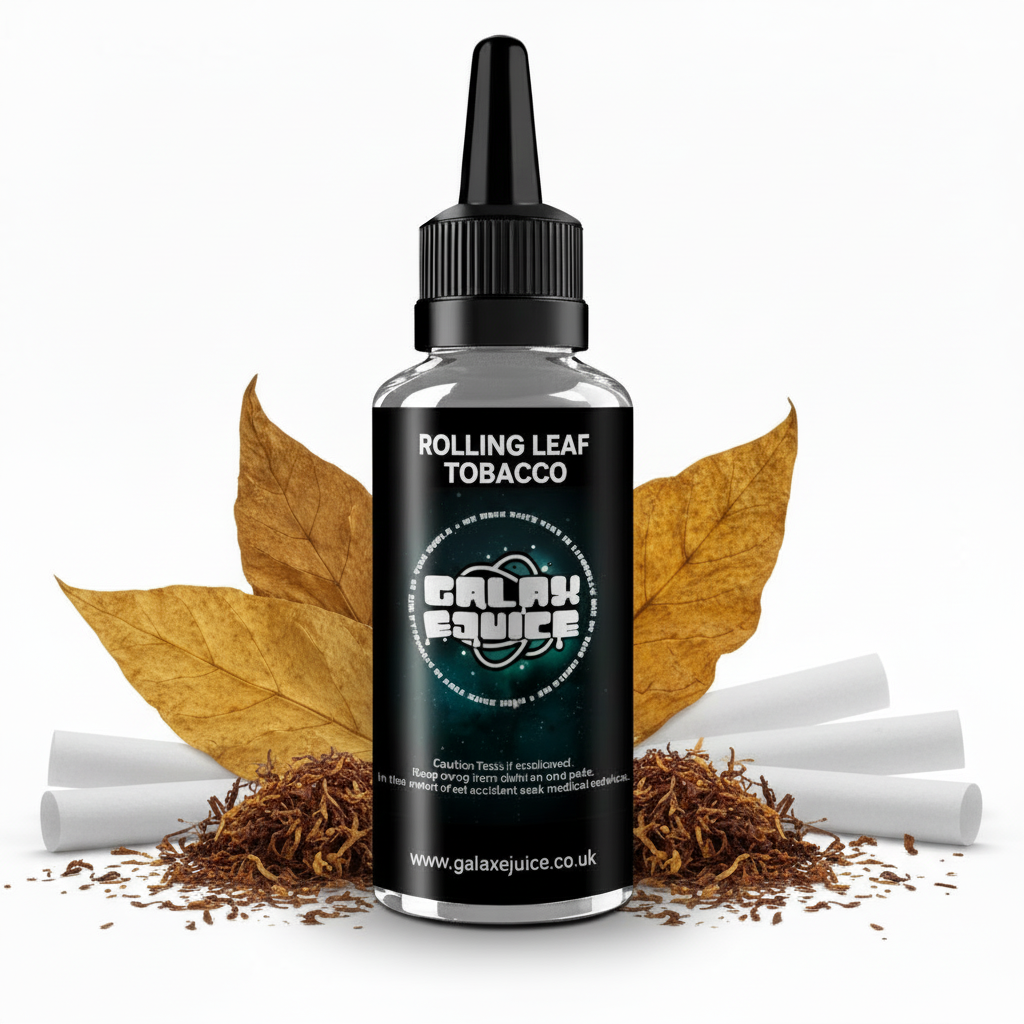 Bottle of Galax-E-Juice Rolling Leaf Tobacco E-Liquid 100ml Shortfill with loose rolling tobacco leaves on a white background