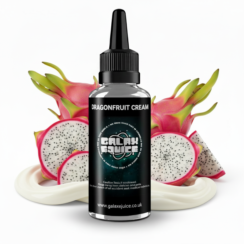 Bottle of Galax-E-Juice Sarin Sucker Punch E-Liquid 100ml Shortfill with dragonfruit and cream on a white background