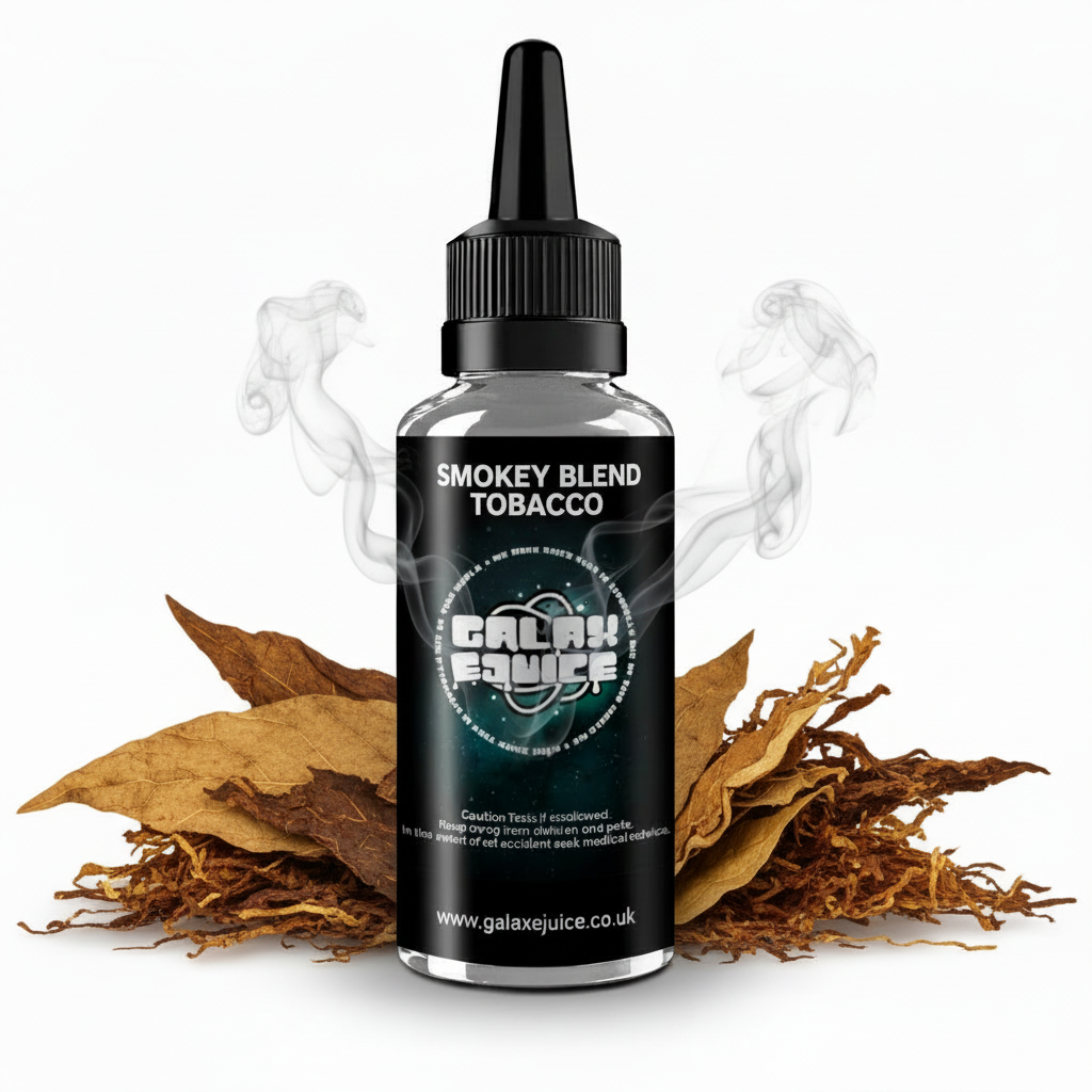 Bottle of Galax-E-Juice Smokey Blend Tobacco E-Liquid 100ml Shortfill with rich tobacco leaves and smoke on a white background