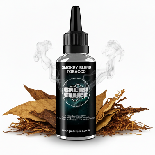 Bottle of Galax-E-Juice Smokey Blend Tobacco E-Liquid 100ml Shortfill with rich tobacco leaves and smoke on a white background