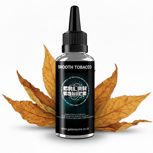 Bottle of Galax-E-Juice Smooth Tobacco E-Liquid 100ml Shortfill with classic tobacco leaves on a white background