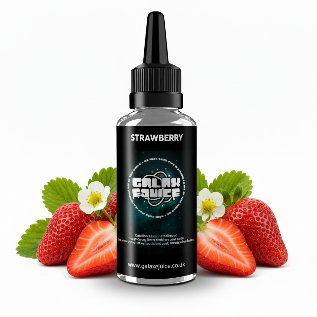 Bottle of Galax-E-Juice Strawberry E-Liquid 100ml Shortfill with fresh ripe strawberries on a white background