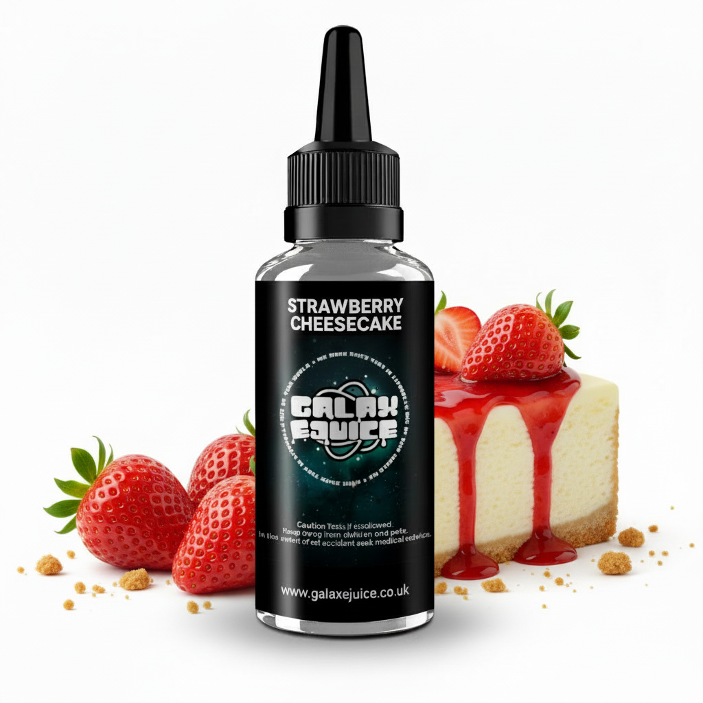 Bottle of Galax-E-Juice Strawberry Cheesecake E-Liquid 100ml Shortfill with creamy cheesecake and fresh strawberries on a white background