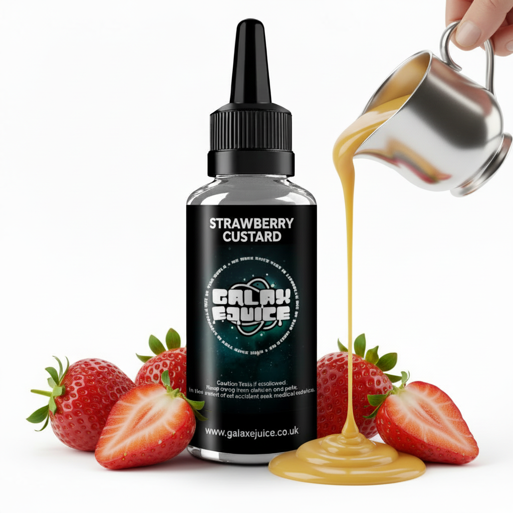 Bottle of Galax-E-Juice Strawberry Custard E-Liquid 100ml Shortfill with fresh strawberries and smooth custard on a white background
