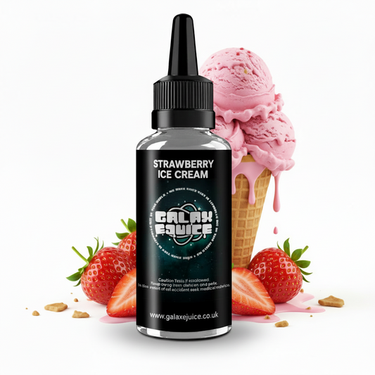 Bottle of Galax-E-Juice Strawberry Ice Cream E-Liquid 100ml Shortfill with creamy strawberry ice cream on a white background