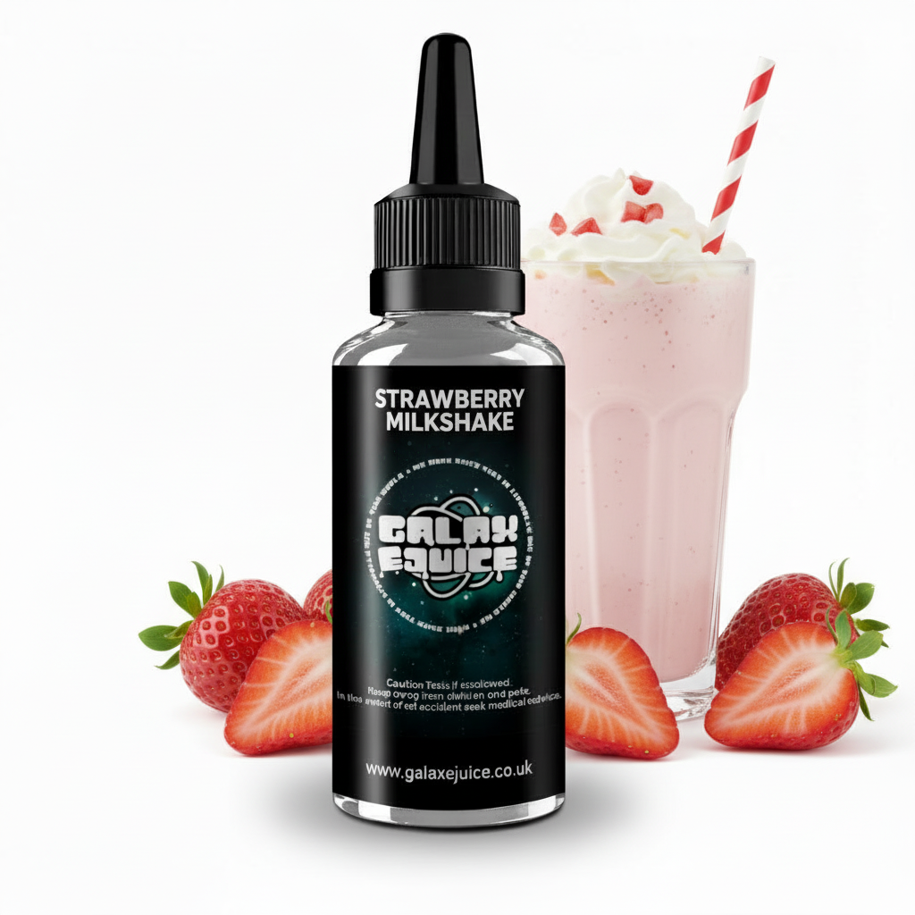 Bottle of Galax-E-Juice Strawberry Milkshake E-Liquid 100ml Shortfill with fresh strawberries and creamy milkshake on a white background