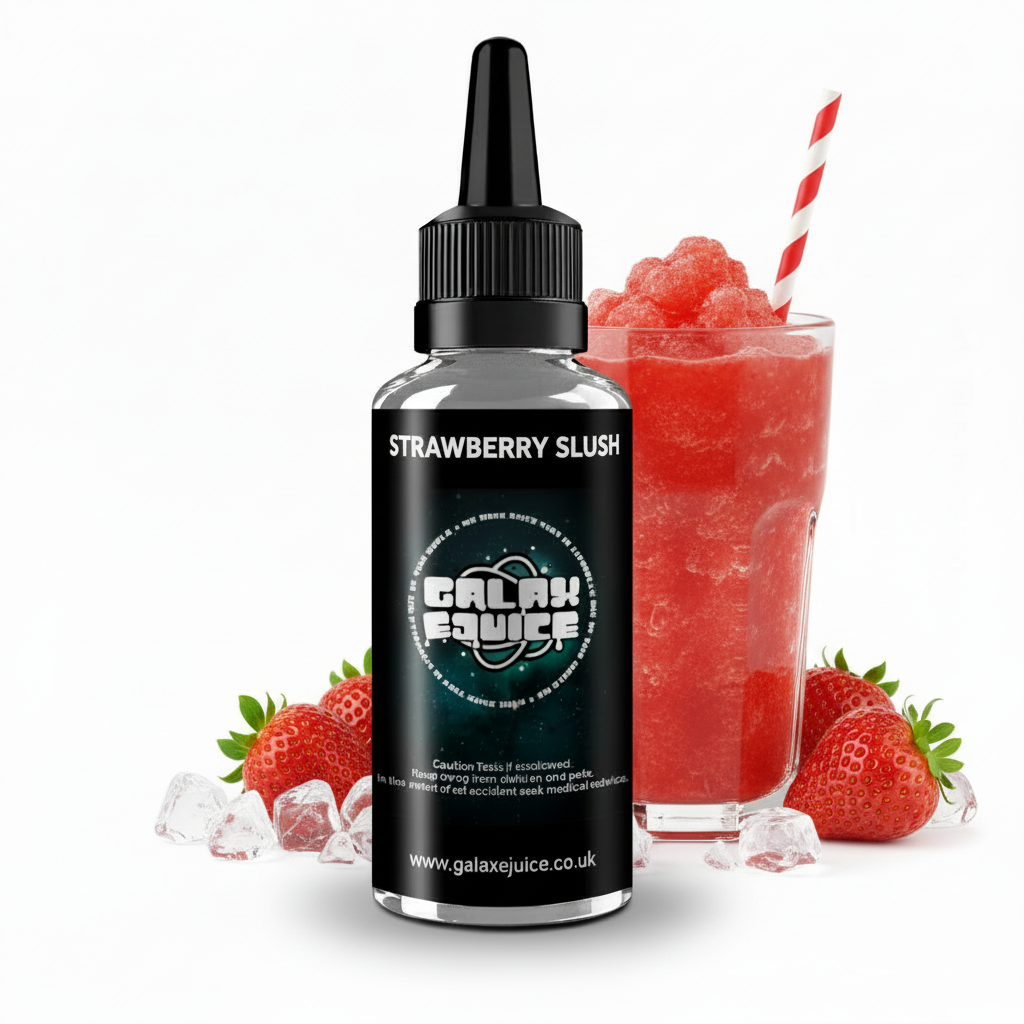 Bottle of Galax-E-Juice Strawberry Slush E-Liquid 100ml Shortfill with frozen strawberry slushie on a white background