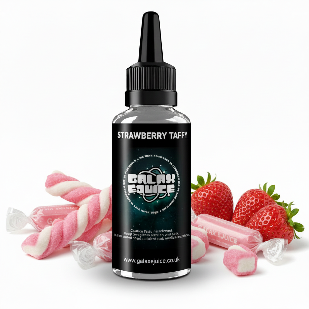 Bottle of Galax-E-Juice Strawberry Taffy E-Liquid 100ml Shortfill with strawberry taffy candy on a white background