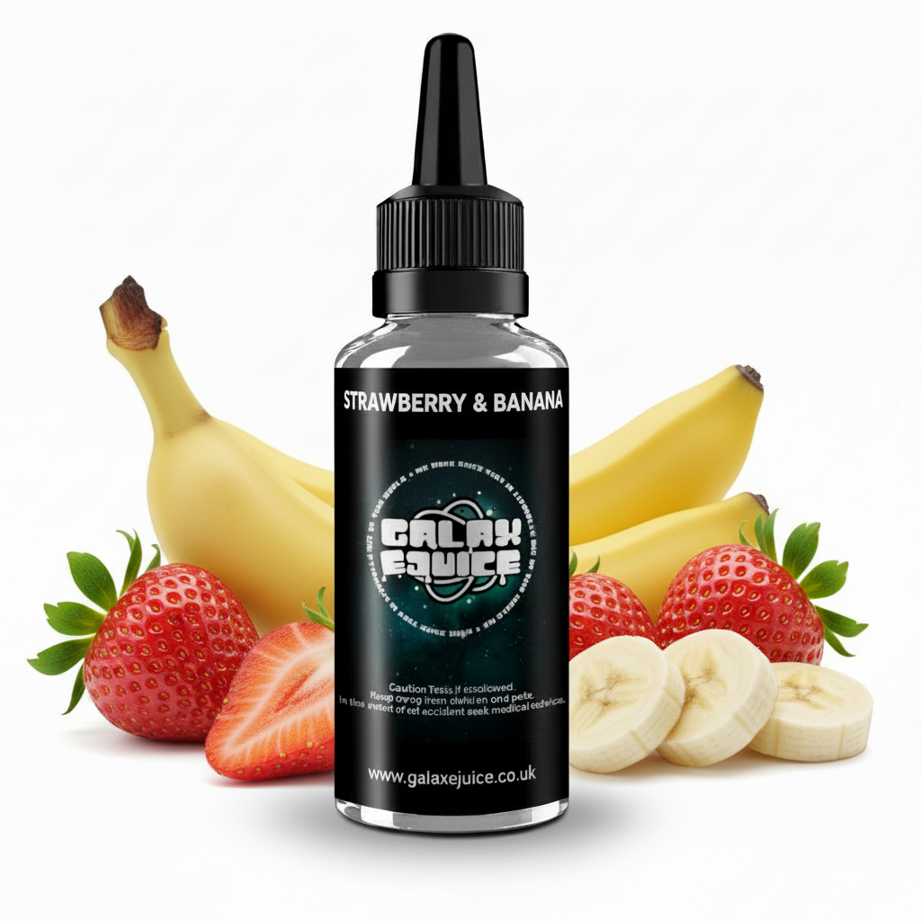 Bottle of Galax-E-Juice Strawberry and Banana E-Liquid 100ml Shortfill with ripe strawberries and banana on a white background