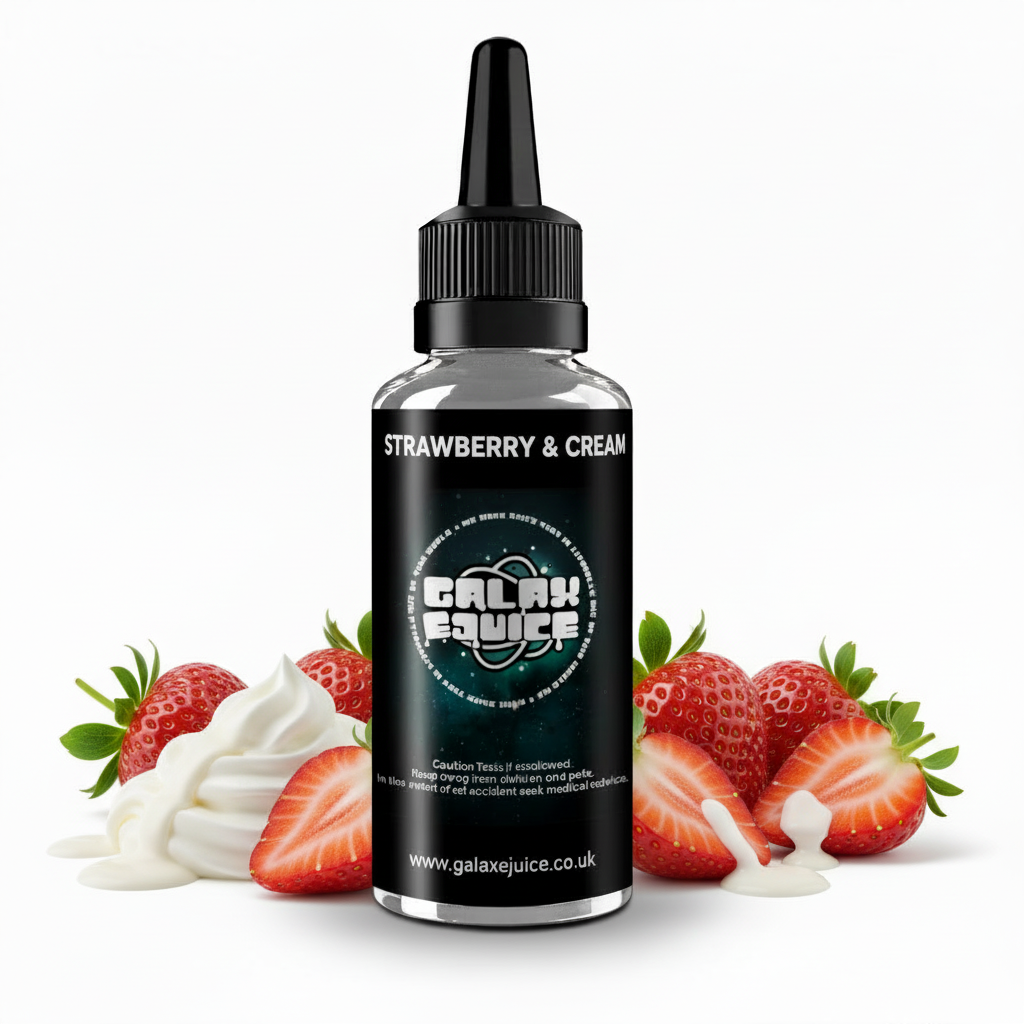 Bottle of Galax-E-Juice Strawberry and Cream E-Liquid 100ml Shortfill with fresh strawberries and cream on a white background