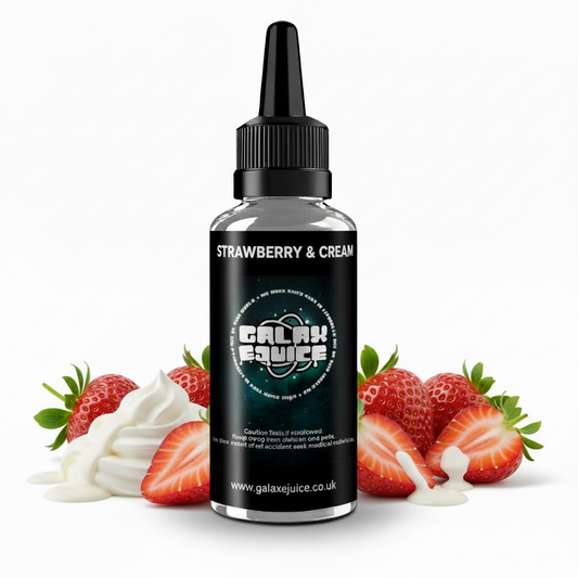 Bottle of Galax-E-Juice Strawberry and Cream E-Liquid 100ml Shortfill with fresh strawberries and cream on a white background