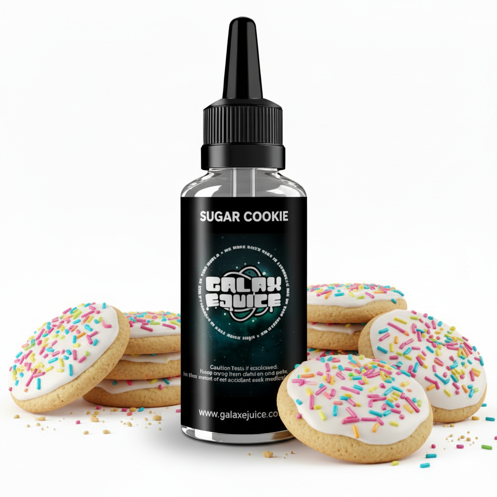 Bottle of Galax-E-Juice Sugar Cookie E-Liquid 100ml Shortfill with freshly baked sugar cookies on a white background
