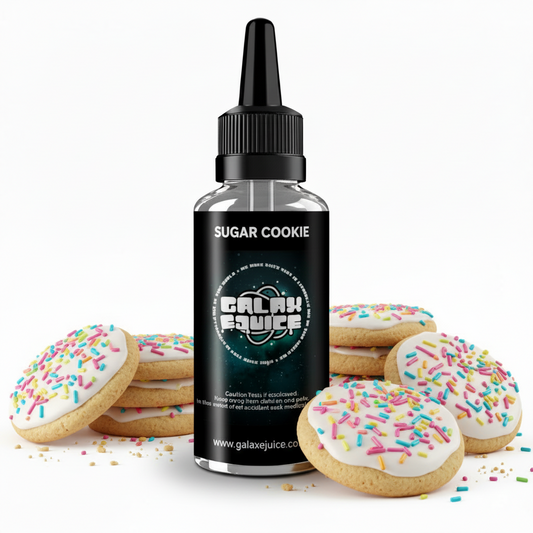 Bottle of Galax-E-Juice Sugar Cookie E-Liquid 100ml Shortfill with freshly baked sugar cookies on a white background