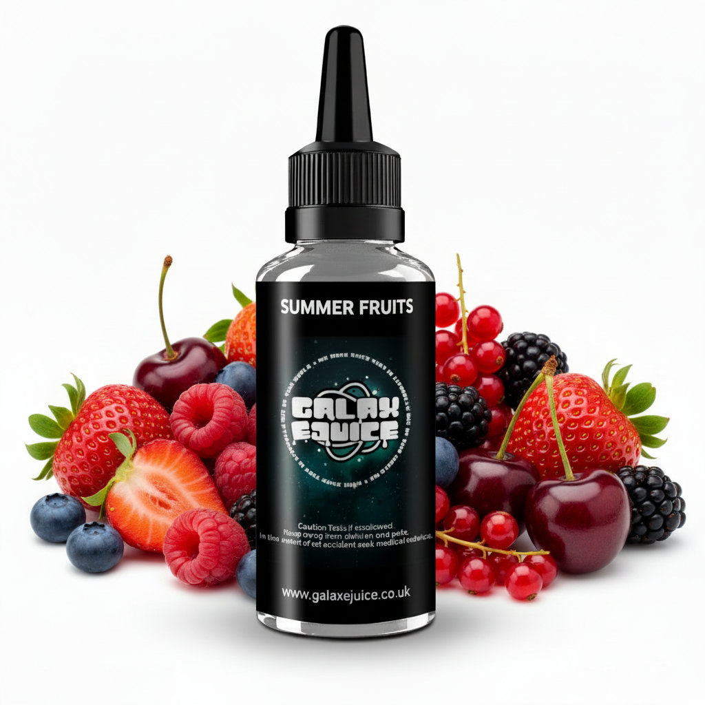 Bottle of Galax-E-Juice Summer Fruits E-Liquid 100ml Shortfill with mixed summer fruits on a white background
