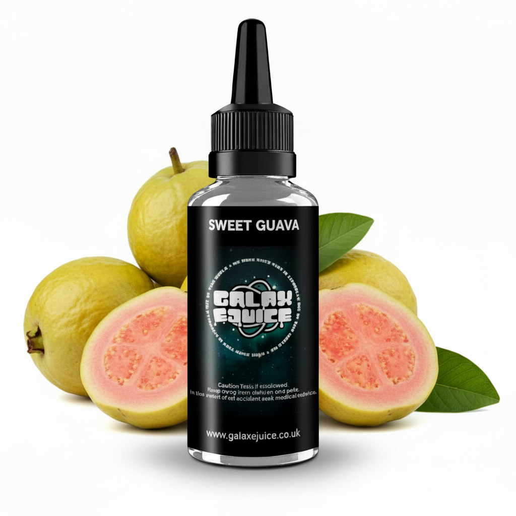 Bottle of Galax-E-Juice Sweet Guava E-Liquid 100ml Shortfill with ripe tropical guava fruit on a white background