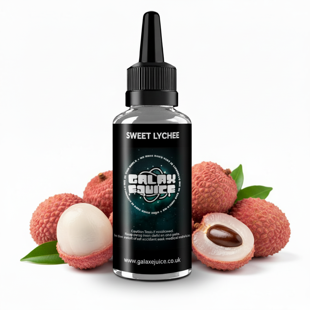 Bottle of Galax-E-Juice Sweet Lychee E-Liquid 100ml Shortfill with fresh lychee fruit on a white background
