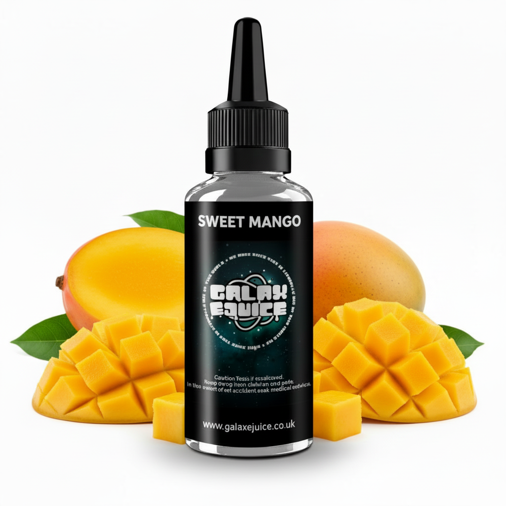 Bottle of Galax-E-Juice Sweet Mango E-Liquid 100ml Shortfill with ripe tropical mango fruit on a white background