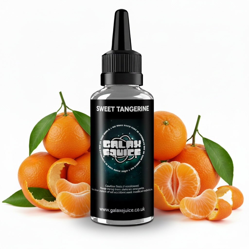 Bottle of Galax-E-Juice Sweet Tangerine E-Liquid 100ml Shortfill with fresh tangerine citrus fruit on a white background