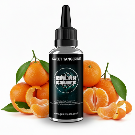 Bottle of Galax-E-Juice Sweet Tangerine E-Liquid 100ml Shortfill with fresh tangerine citrus fruit on a white background