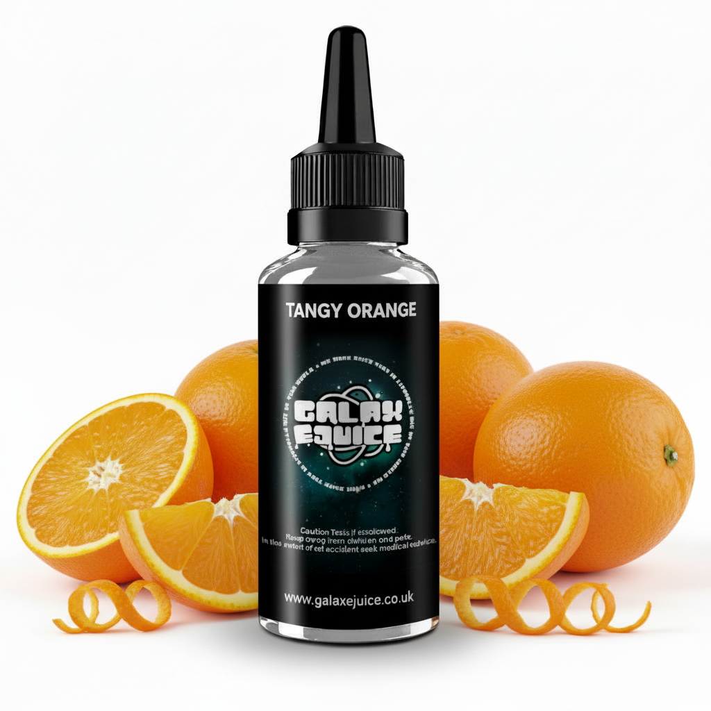Bottle of Galax-E-Juice Tangy Orange E-Liquid 100ml Shortfill with fresh zesty orange citrus fruit on a white background