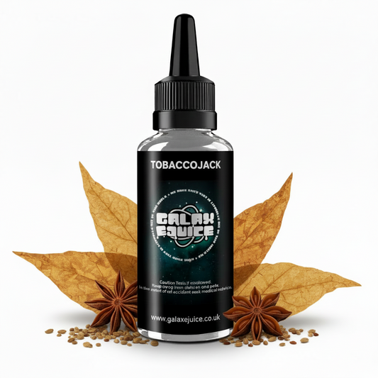 Bottle of Galax-E-Juice Tobaccojack E-Liquid 100ml Shortfill with GY4 tobacco and aniseed on a white background