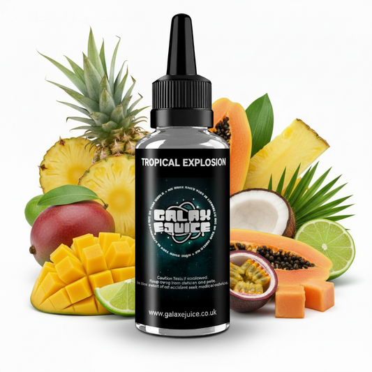 Bottle of Galax-E-Juice Tropical Explosion E-Liquid 100ml Shortfill with exotic tropical fruits mango pineapple passion fruit on a white background