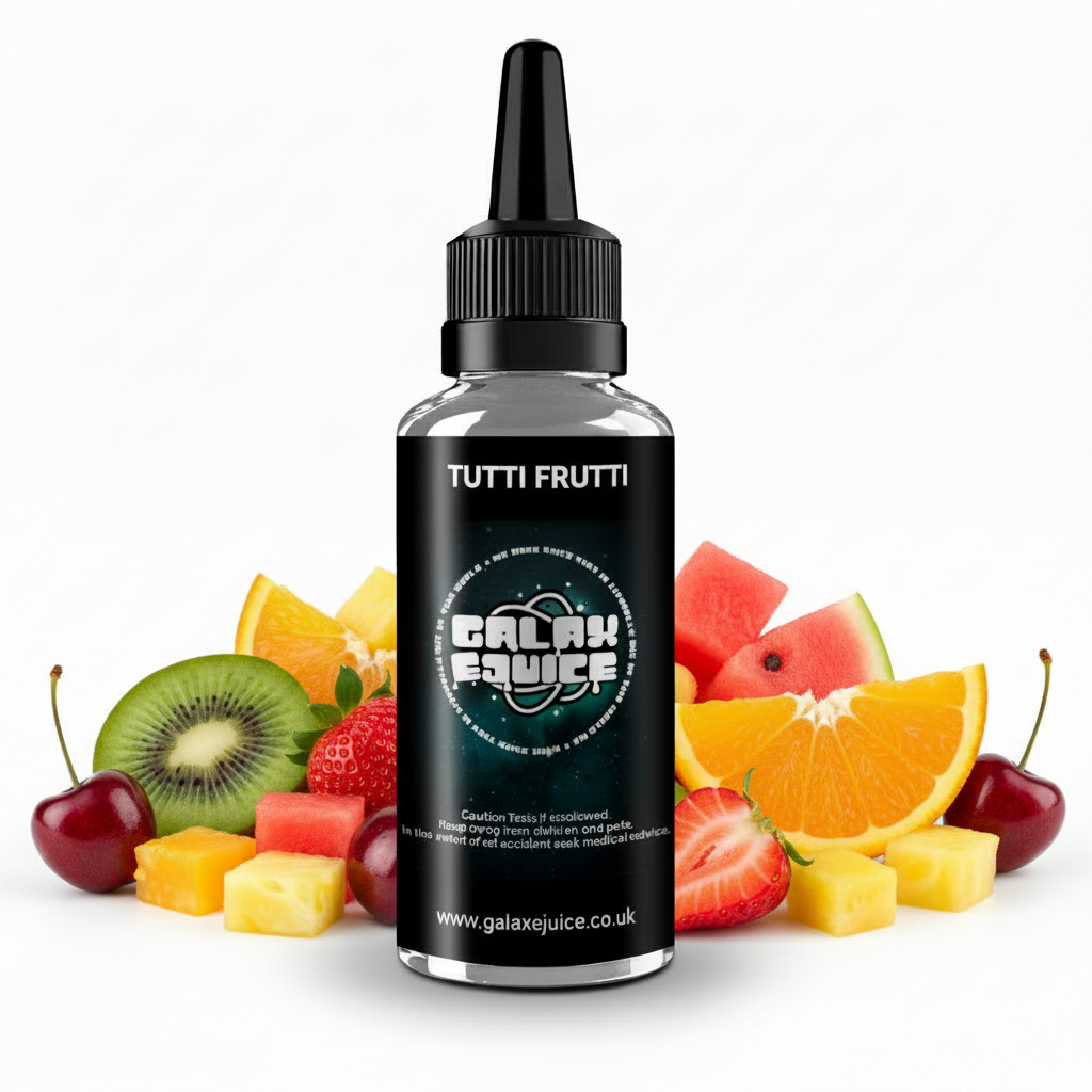 Bottle of Galax-E-Juice Tutti Frutti E-Liquid 100ml Shortfill with mixed fruit sweets candy on a white background