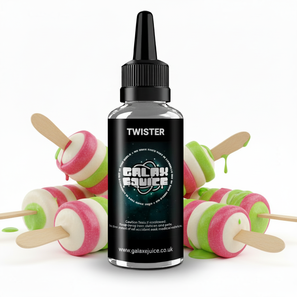 Bottle of Galax-E-Juice Twister Lolly E-Liquid 100ml Shortfill with classic Twister ice lolly on a white background
