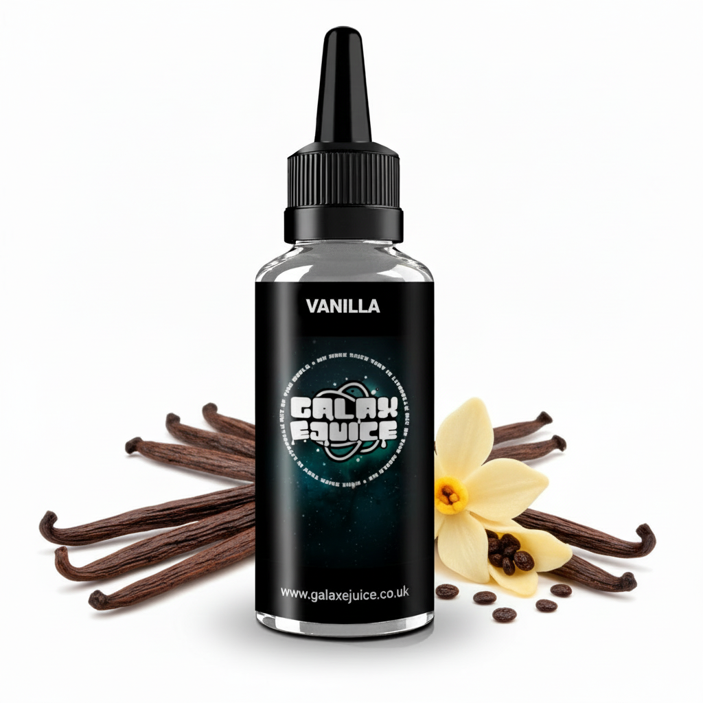 Bottle of Galax-E-Juice Vanilla E-Liquid 100ml Shortfill with pure vanilla pods and cream on a white background