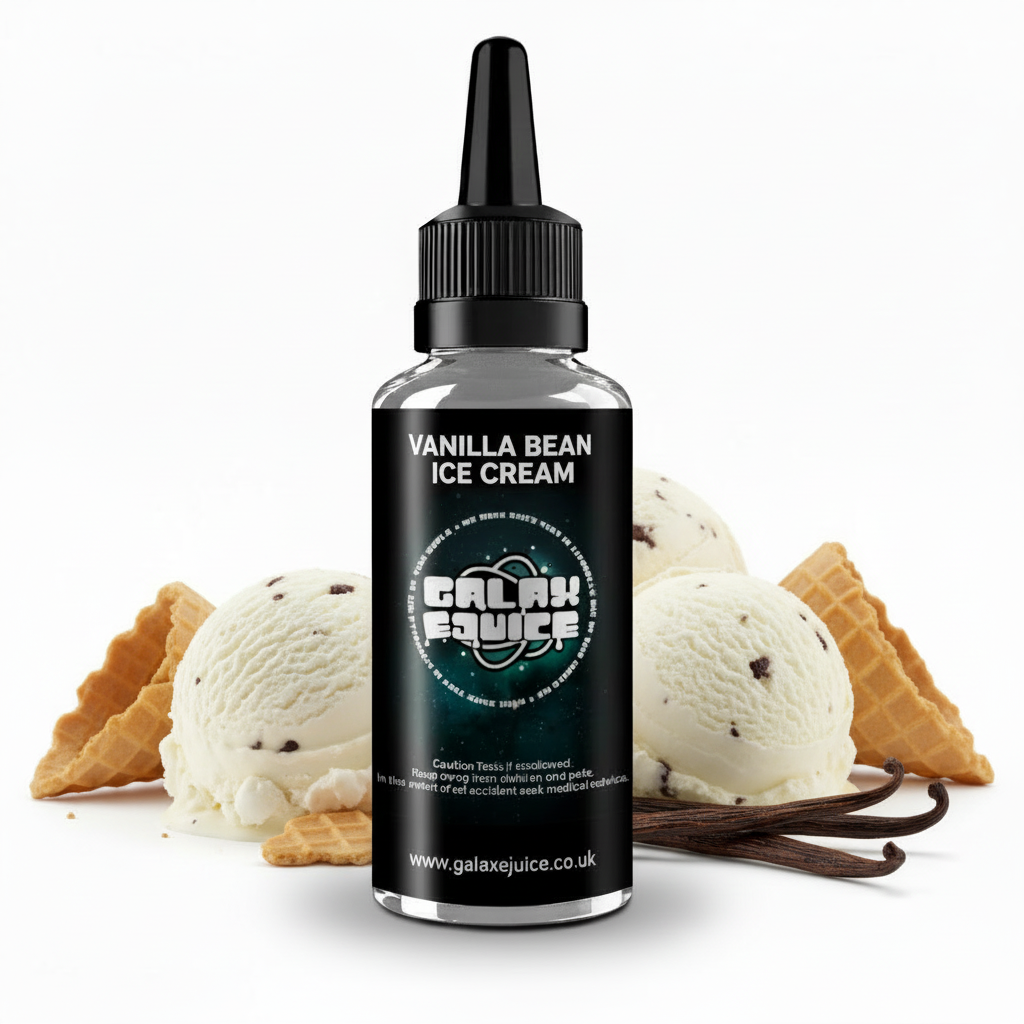 Bottle of Galax-E-Juice Vanilla Bean Ice Cream E-Liquid 100ml Shortfill with creamy vanilla ice cream scoops on a white background