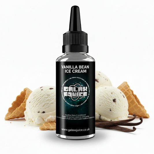 Bottle of Galax-E-Juice Vanilla Bean Ice Cream E-Liquid 100ml Shortfill with creamy vanilla ice cream scoops on a white background