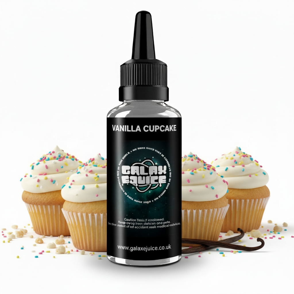 Bottle of Galax-E-Juice Vanilla Cupcake E-Liquid 100ml Shortfill with freshly baked vanilla cupcakes on a white background