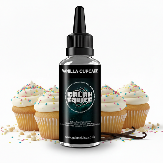 Bottle of Galax-E-Juice Vanilla Cupcake E-Liquid 100ml Shortfill with freshly baked vanilla cupcakes on a white background